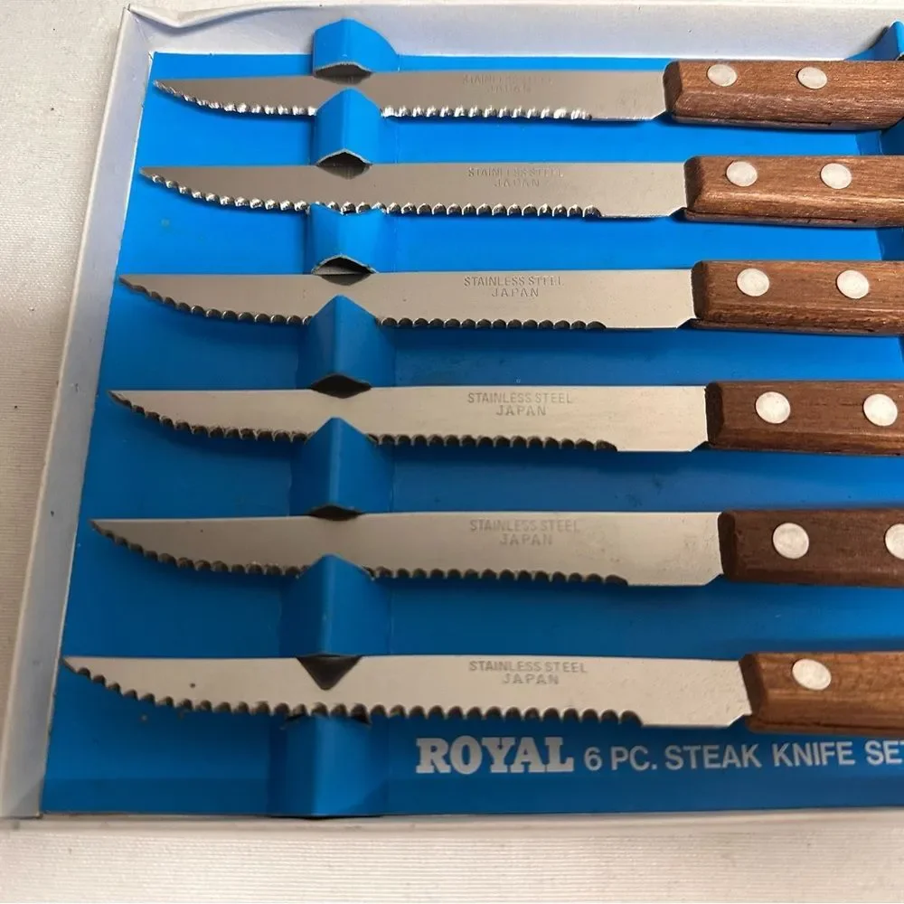 Vintage Royal Stainless Steel 6-Piece Steak Knife Set with Riveted Wood Handles-